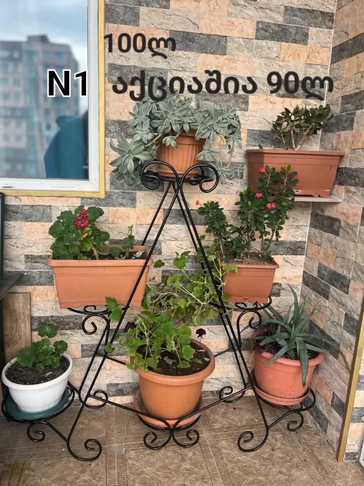 Metal plant stand with flower pots