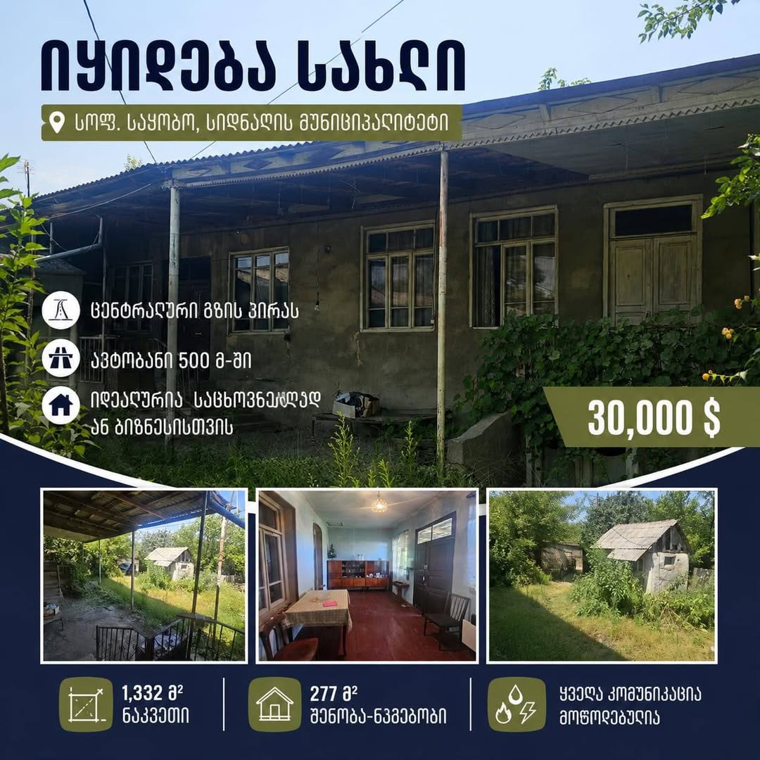 For sale is a house in the Signagi municipality, village of Sakobo, central part
