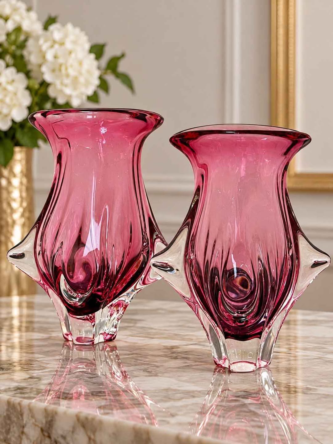 Pink art glass vases, pair