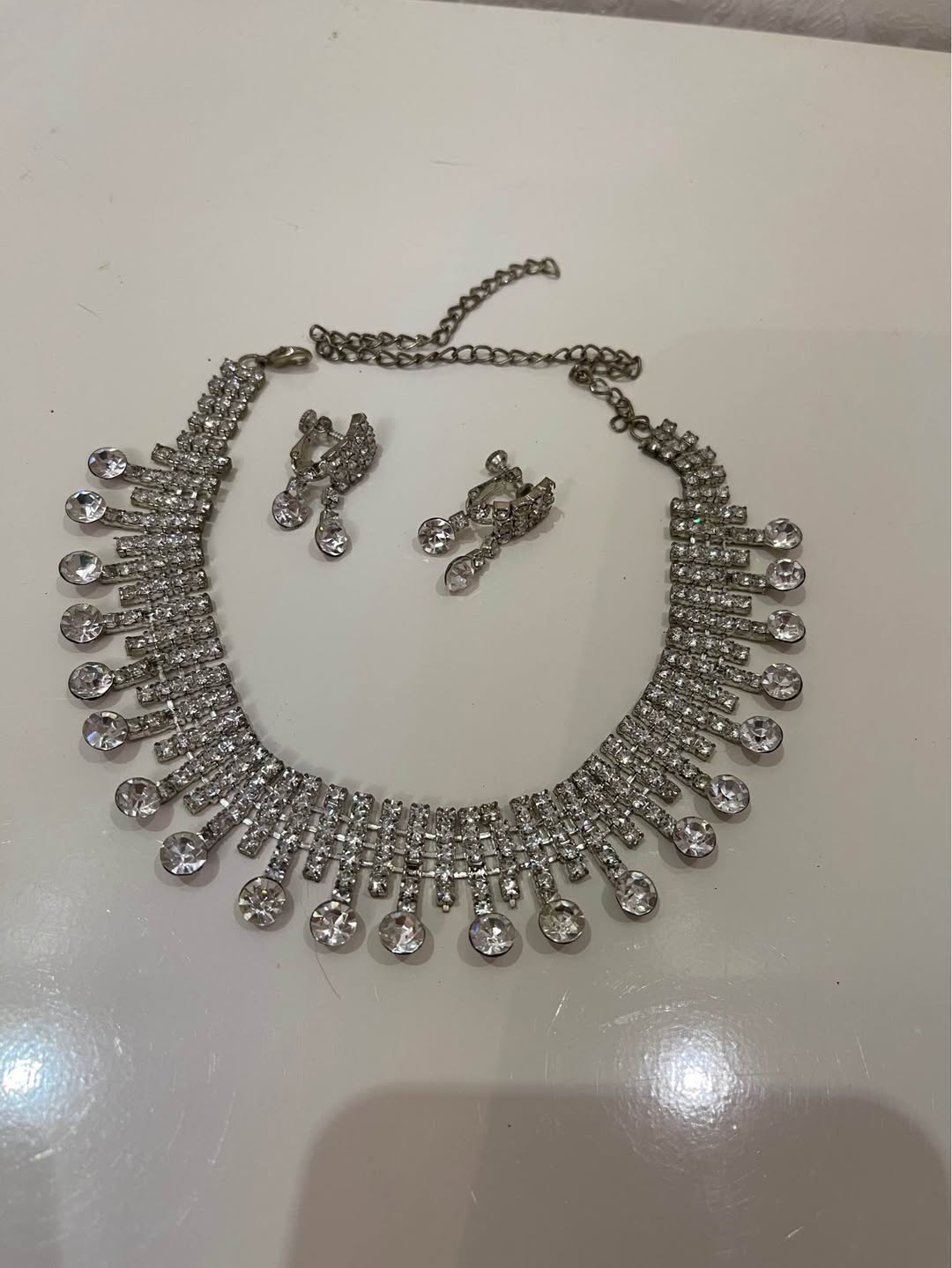Costume jewelry: rhinestone necklace and earrings