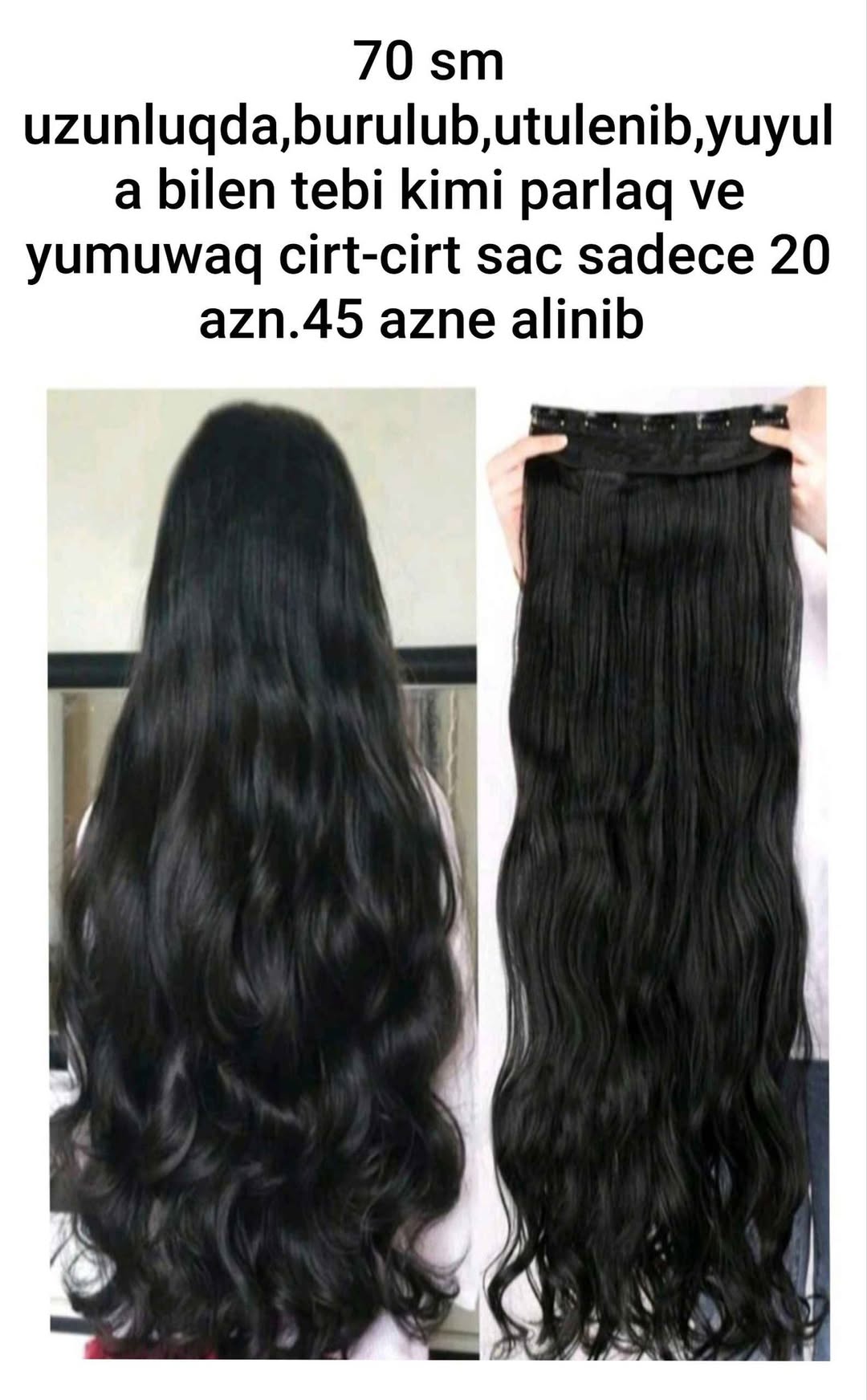 70 sm qara dalğalı saç uzantısı