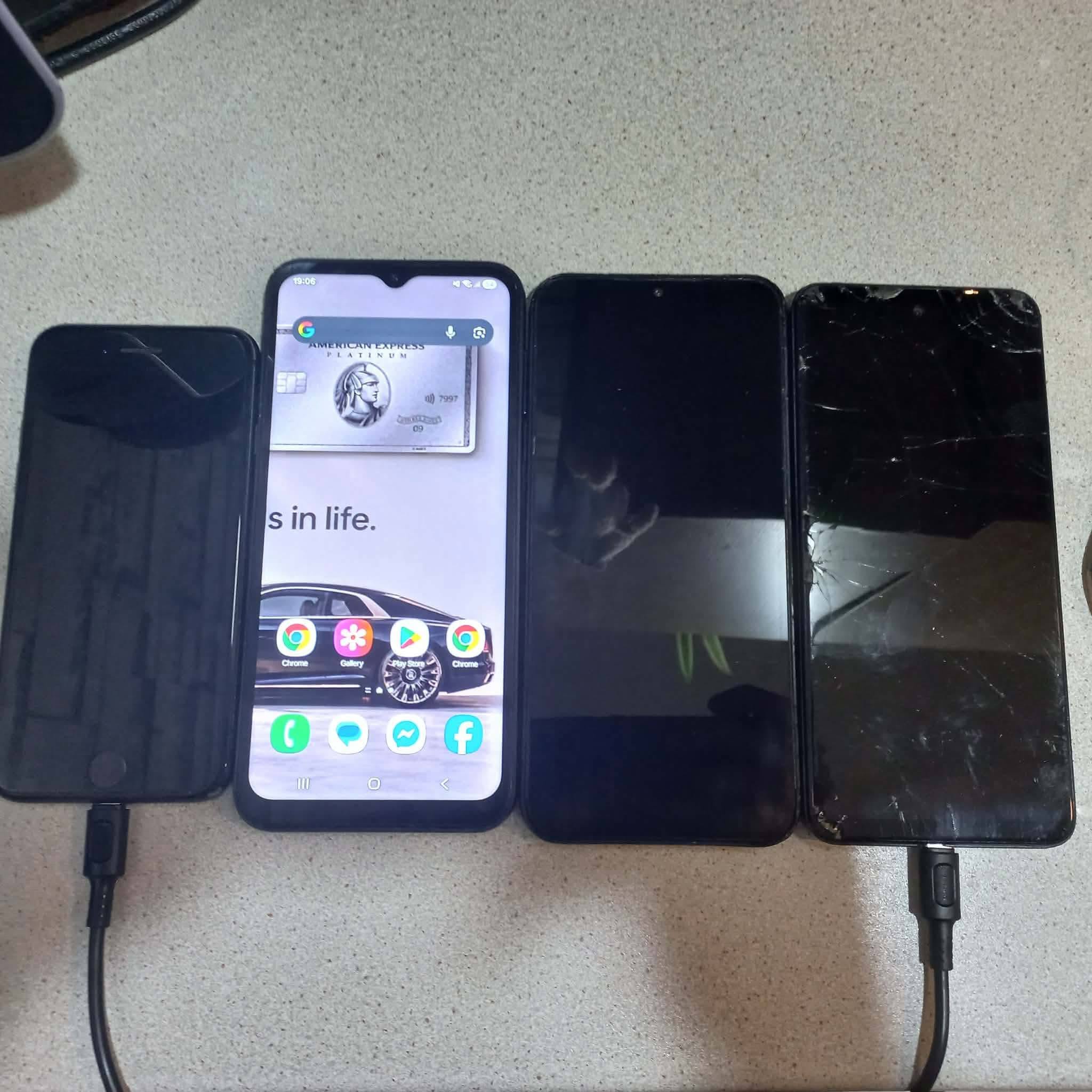 4 phones: 2 Samsung A14, iPhone 8, Redmi 6