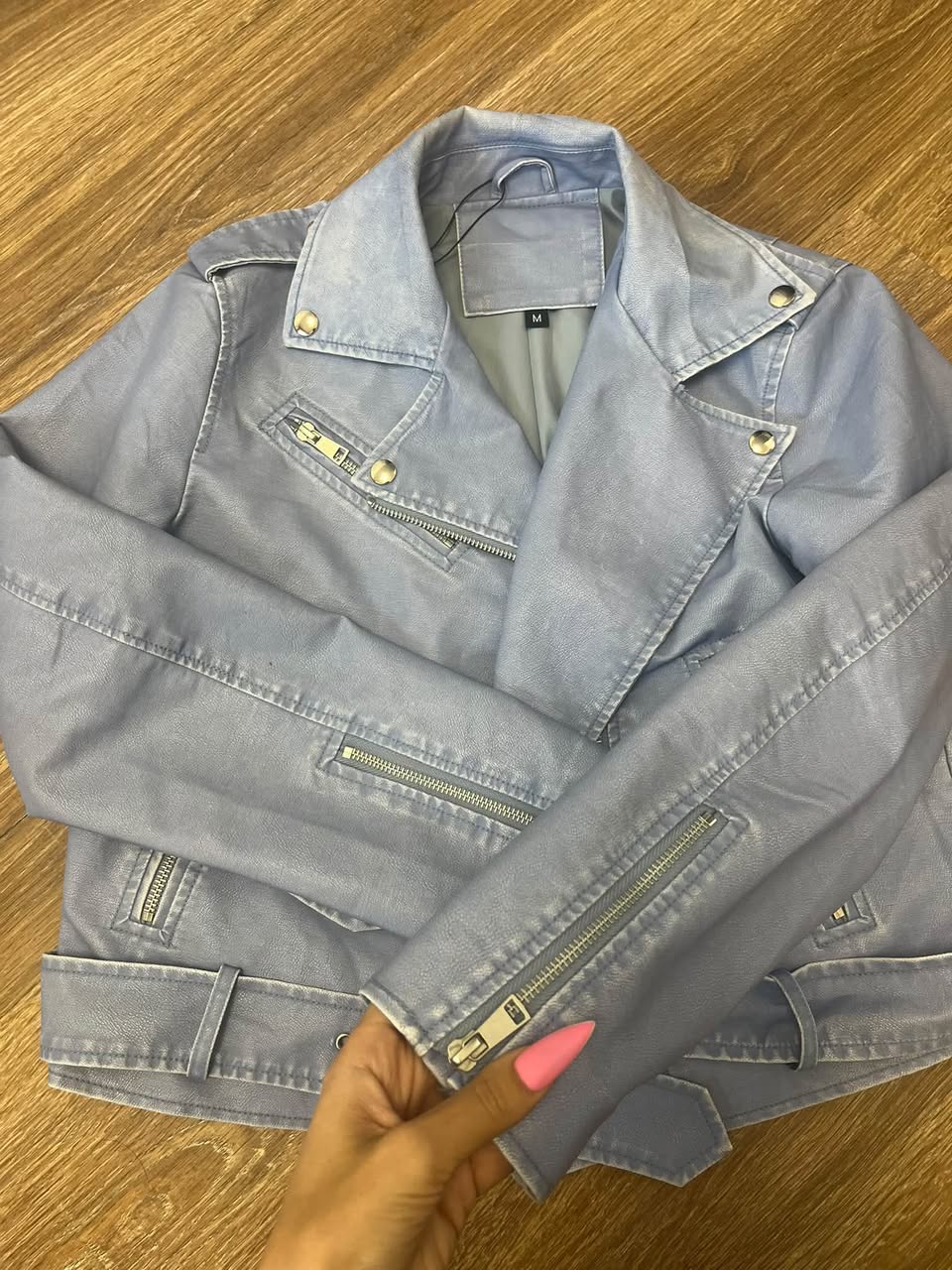 Light blue faux leather jacket, size M