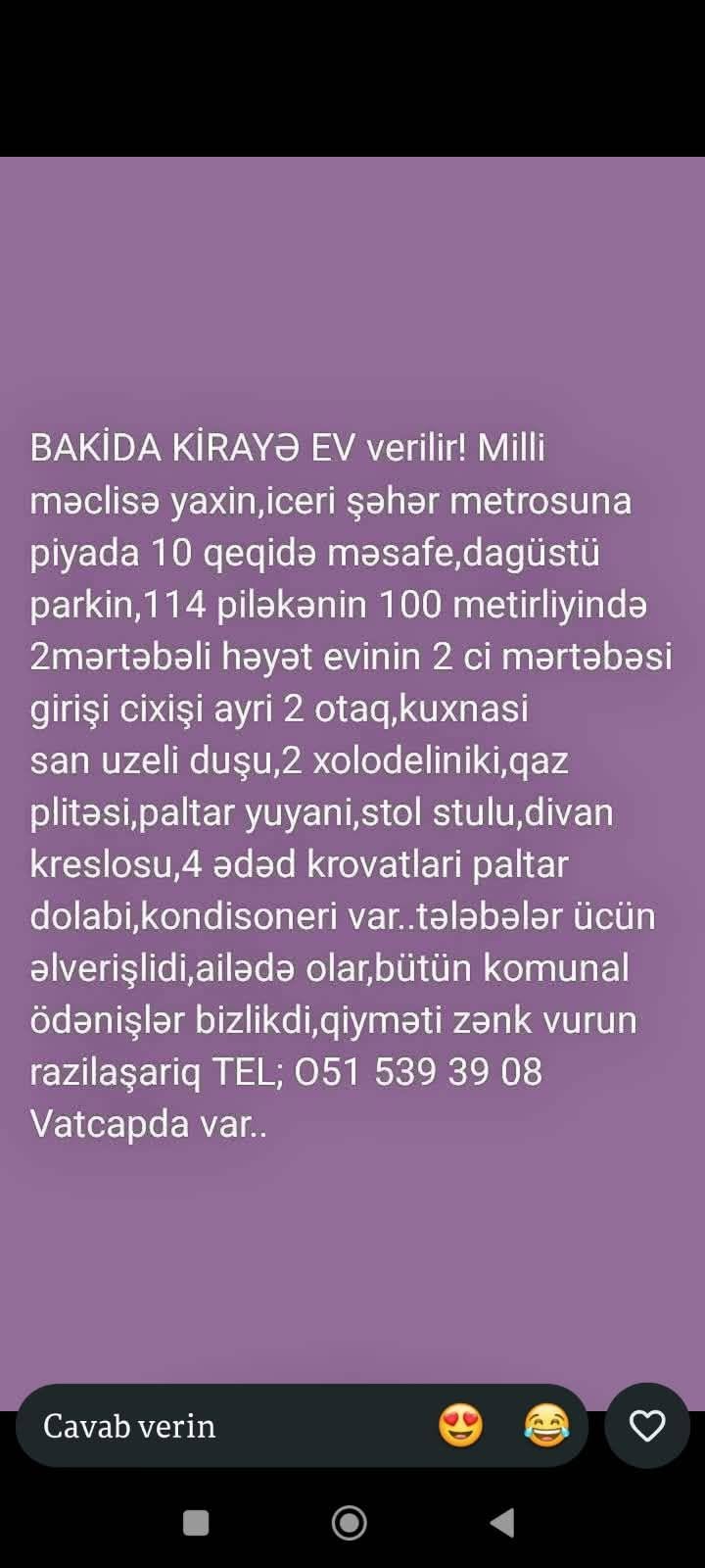 Kirayə 2 otaqlı mənzil, Bakı