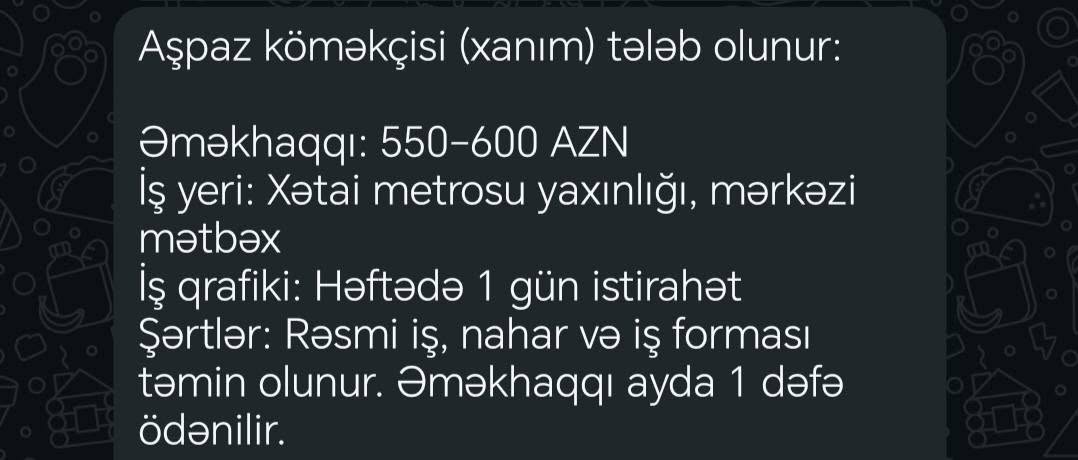 Aşçı yardımcısı (bayan), Xətai metrosu yakınında