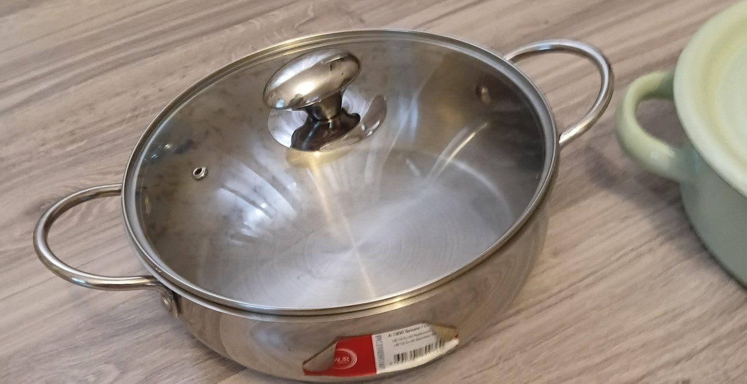 Nikel polad qazan 26 sm, şüşə qapaq