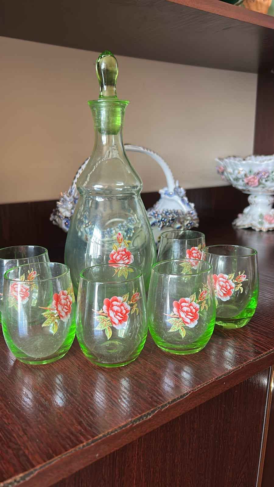 Green glass carafe and 6 glass set