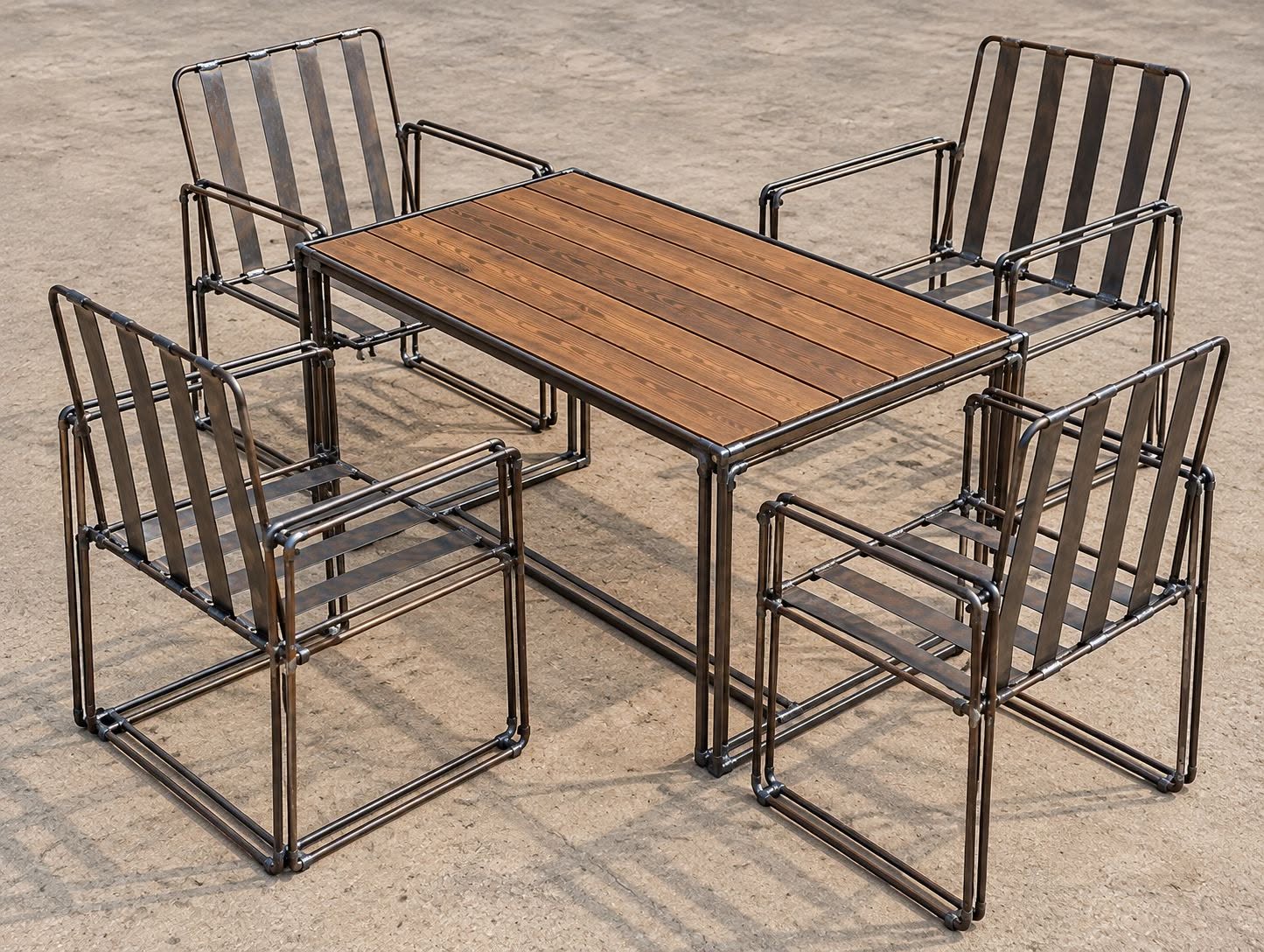 Metal and wood table with 4 chairs