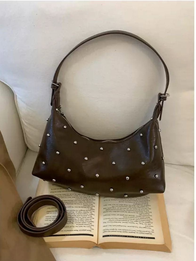 Brown studded shoulder bag