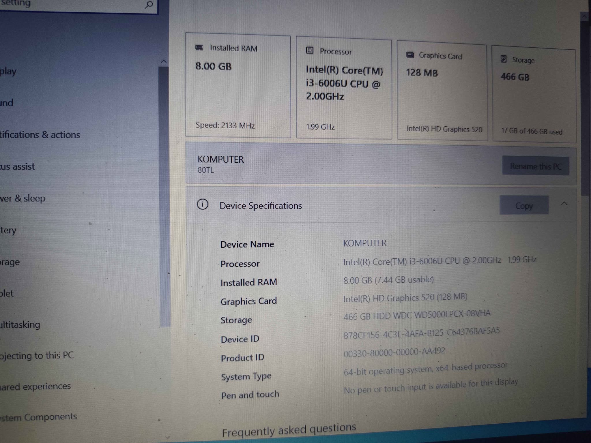 Intel i3 computer, 8GB RAM, 466GB