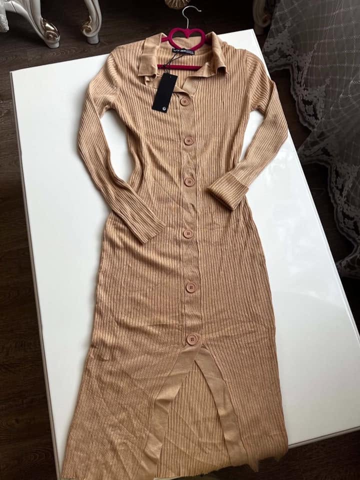 Beige ribbed knit midi dress, size S