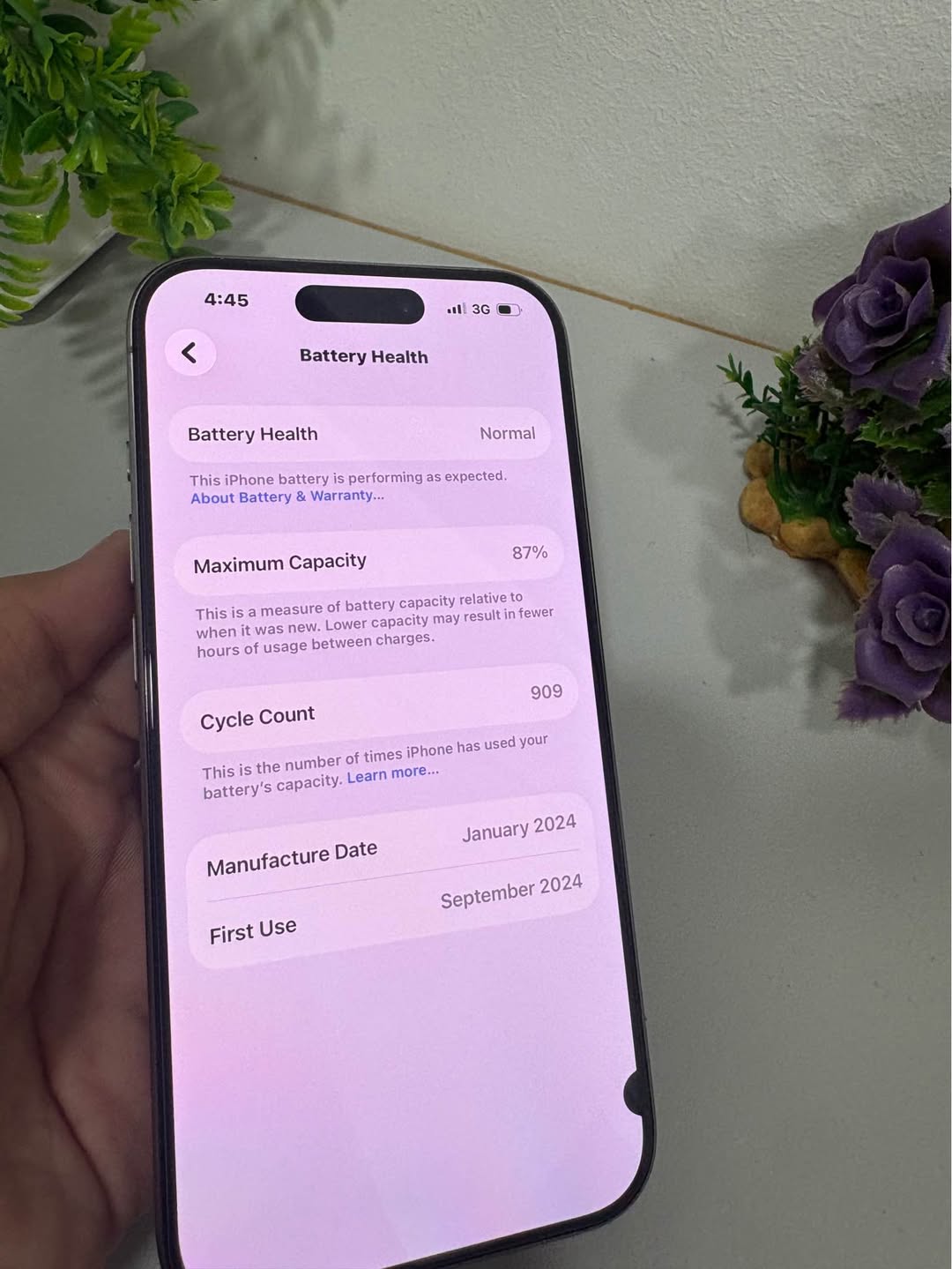 iPhone 15 Pro, battery health 87%