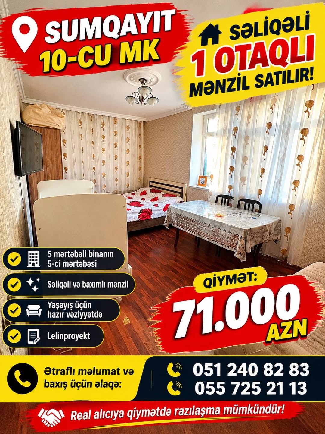 1 oda daire satılık, Sumqayit 10. mikrorayon