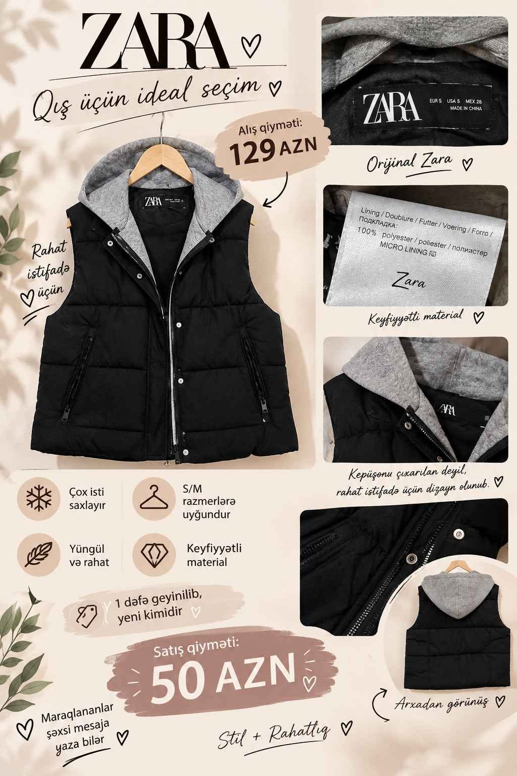 Zara qış jileti, qara, S/M