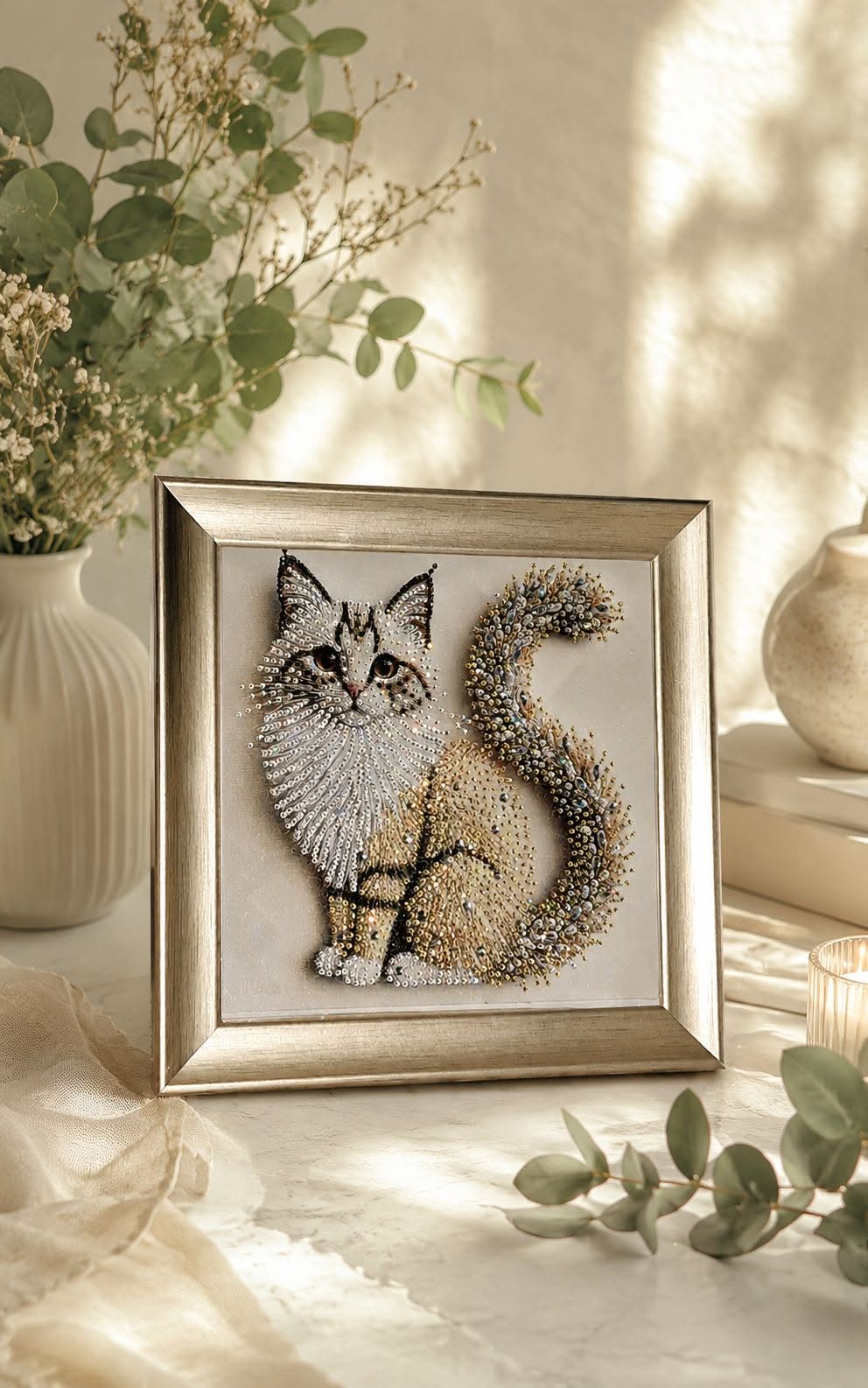 Çerçeveli boncuk kedi resmi
