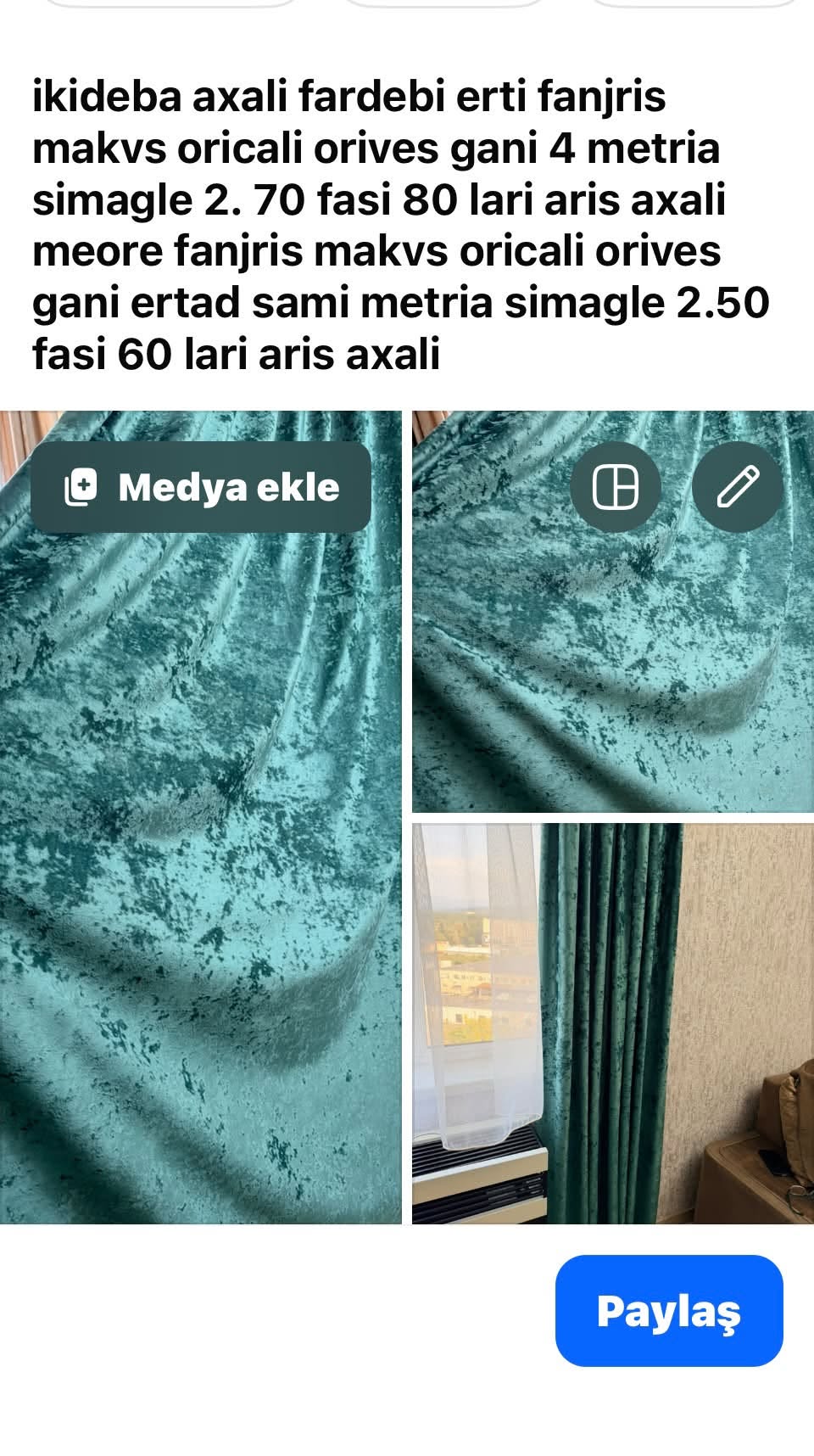 2.70 m Çamur Yeşili Kadife Perde