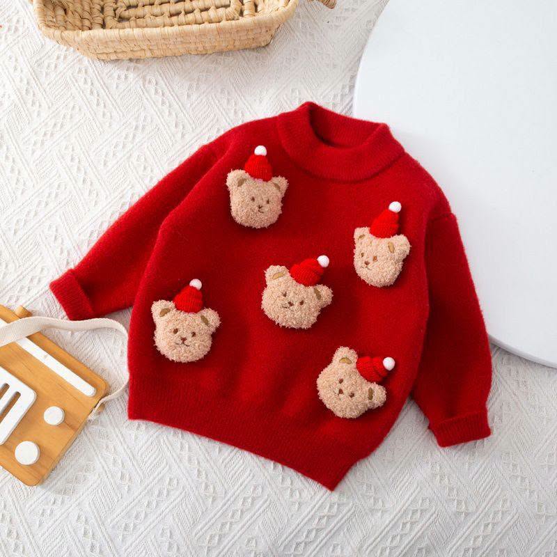 Red knit kids sweater with bear appliqués