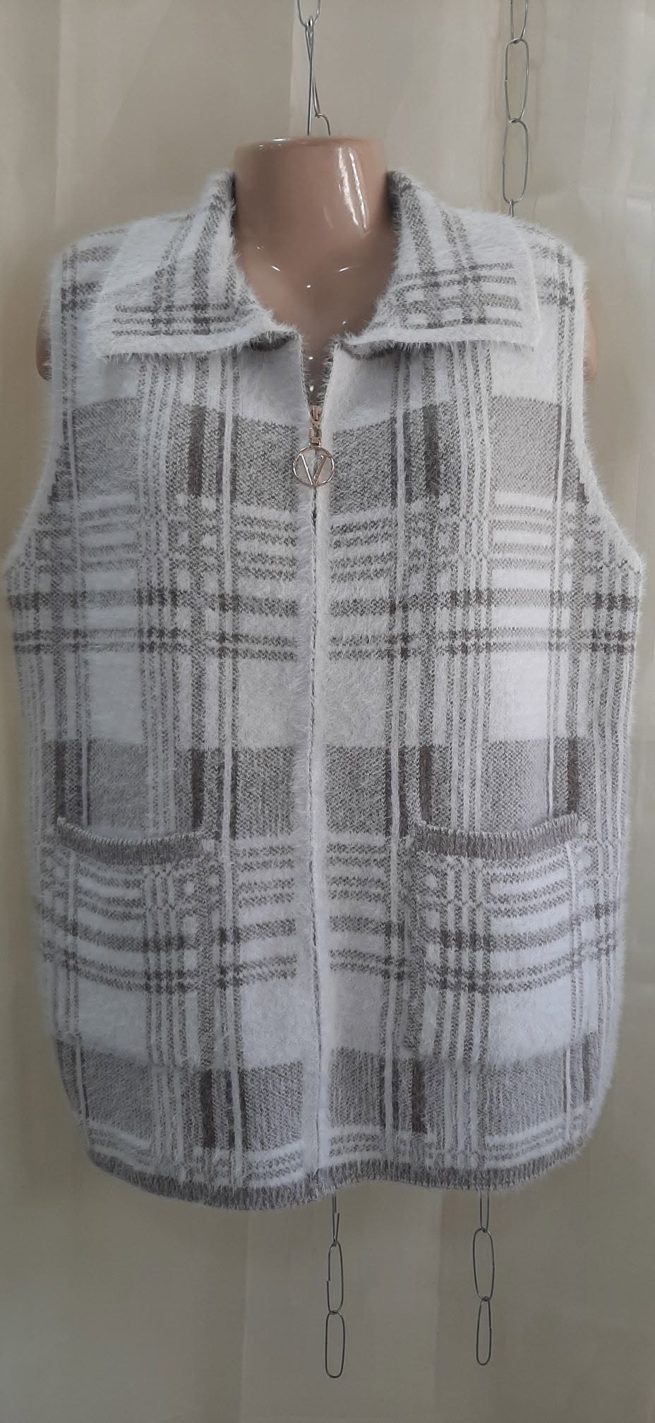 Grey and white plaid knit zip vest