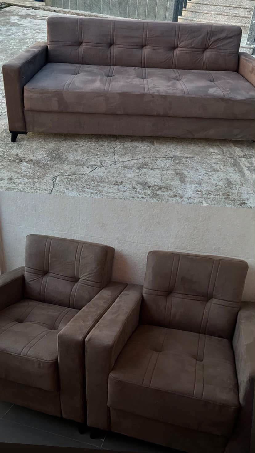 Brown fabric sofa and two armchairs