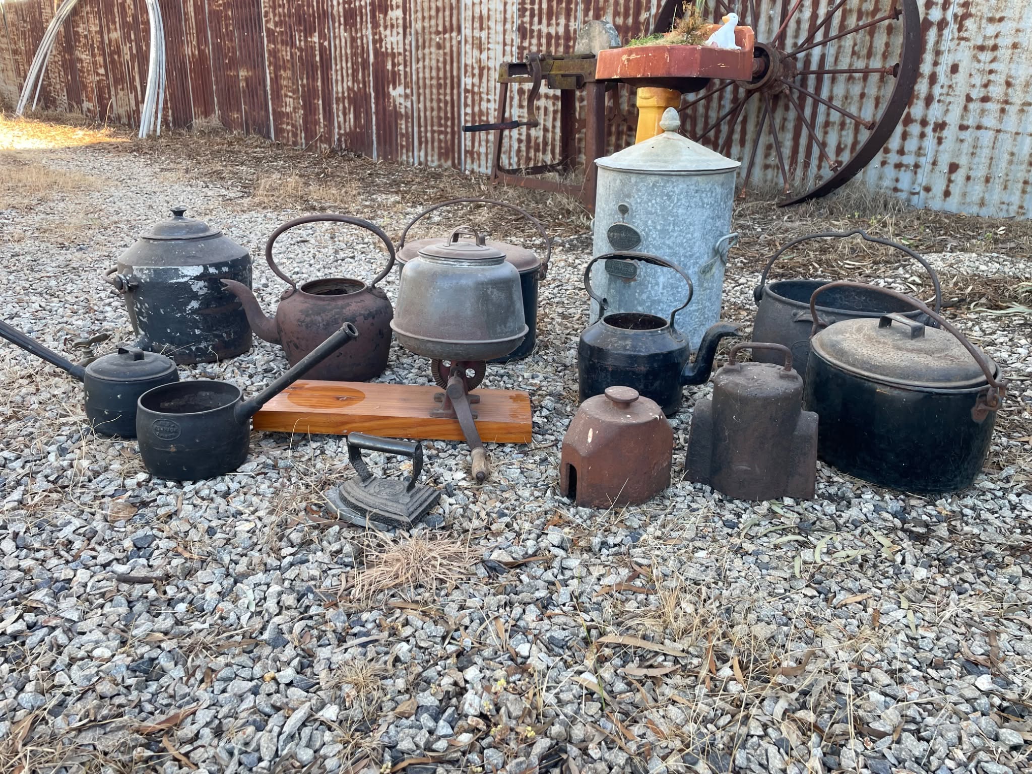 Collection of old kitchenware, including water