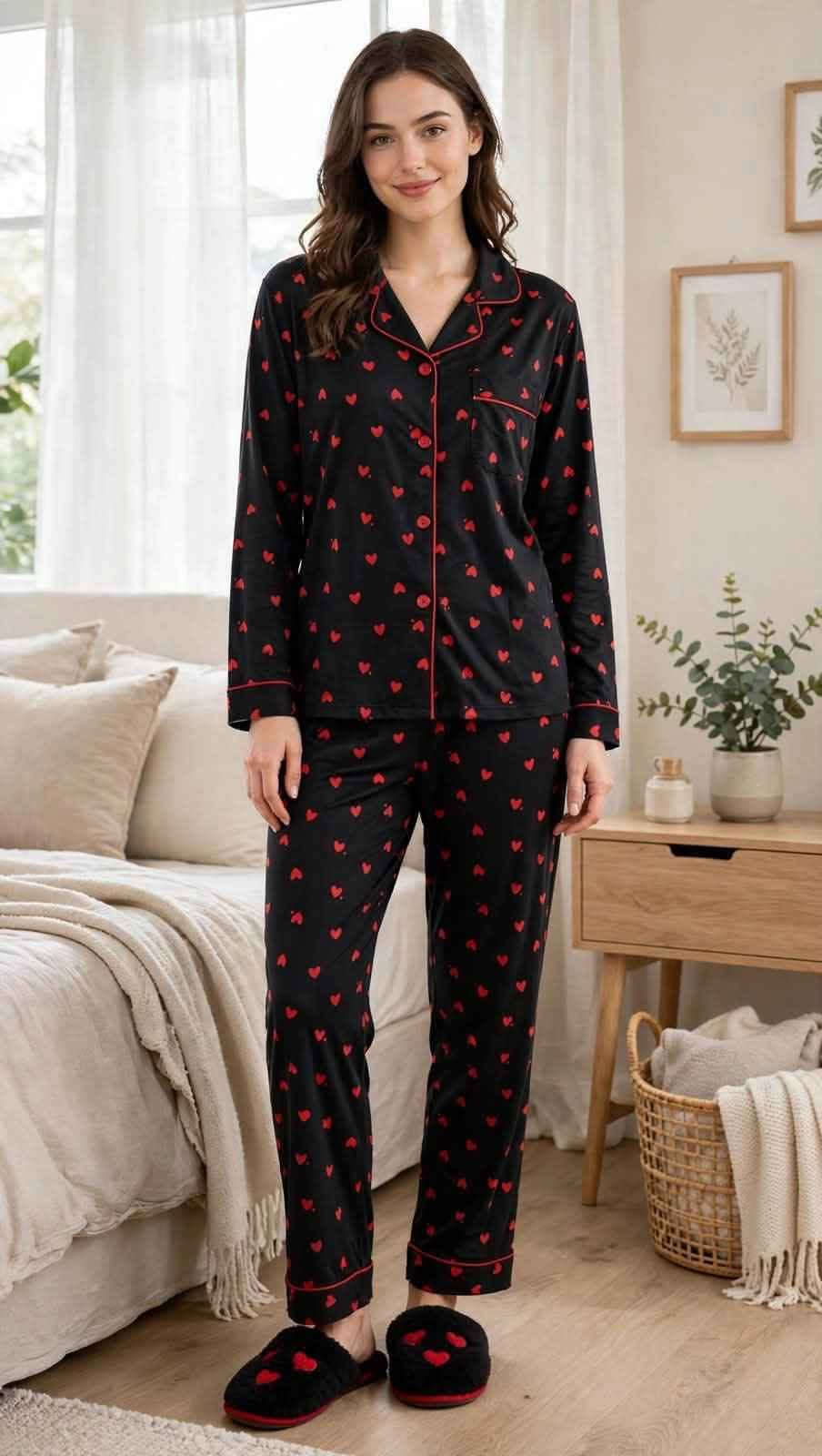 Black pajama set with red hearts, cotton