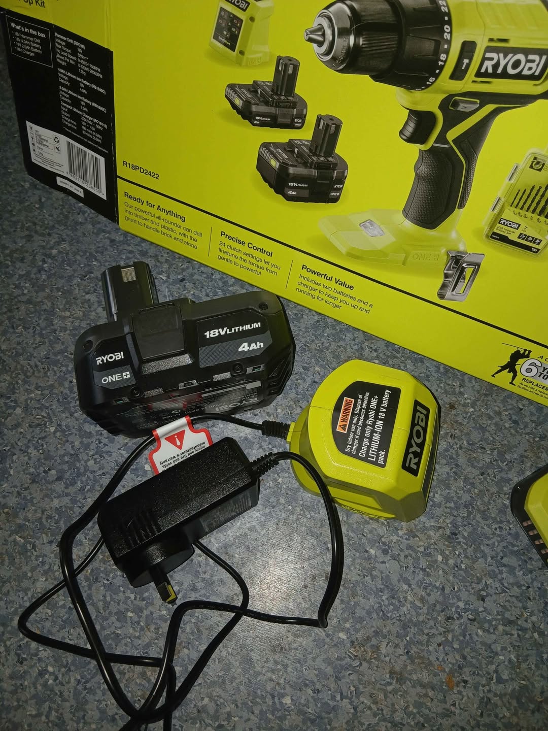 Ryobi 18V დრილის კომპლექტი, ახალი ყუთში