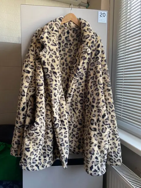 Leopard faux fur coat, size 48