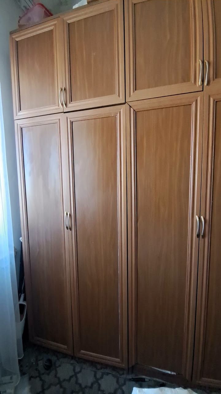 Wooden wardrobe with panelled brown doors