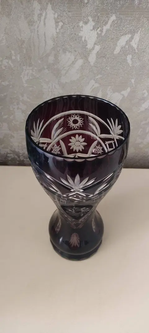 Cut crystal vase, dark red glass