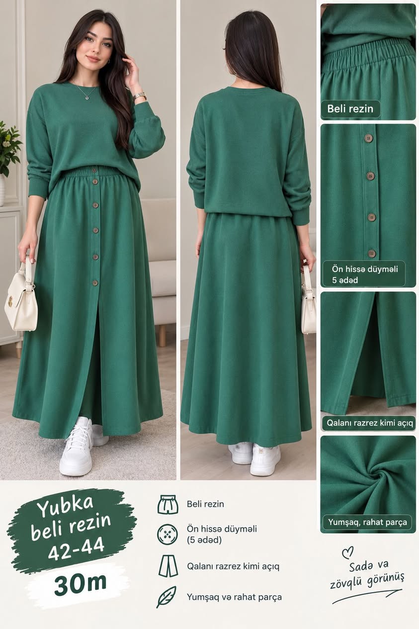 Yeşil midi etek, lastikli bel, 42-44