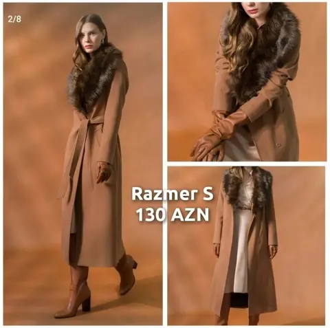 Camel wool coat with fur collar, size S