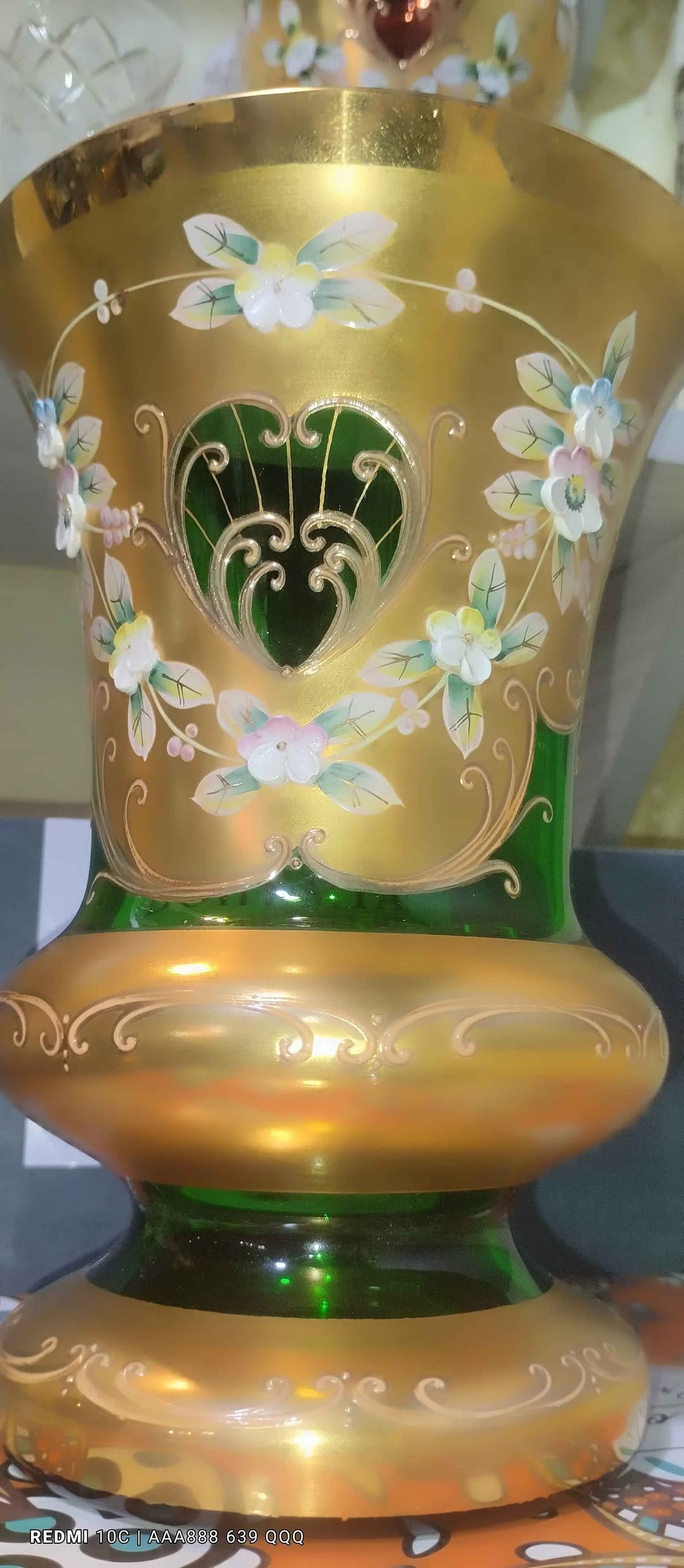 Antique rococo green glass vase