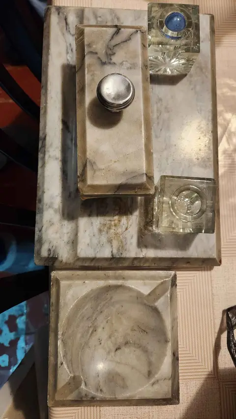 Antique marble inkwell desk set