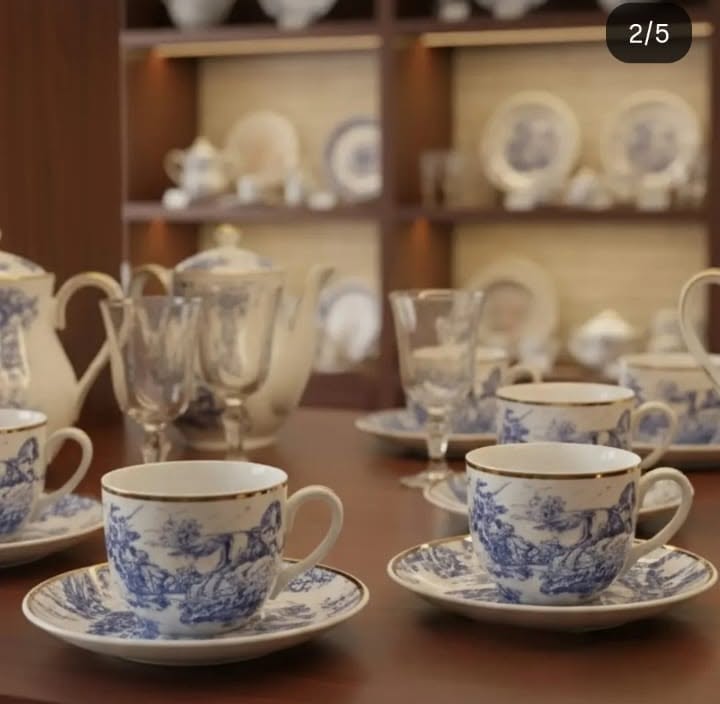 Mavi-beyaz porselen çay takımı